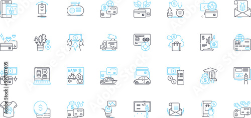 Electronic transactions linear icons set. Digital, Payment, Virtual, Cashless, E-commerce, Encryption, Secure line vector and concept signs. Gateway,Token,Bitcoin outline illustrations