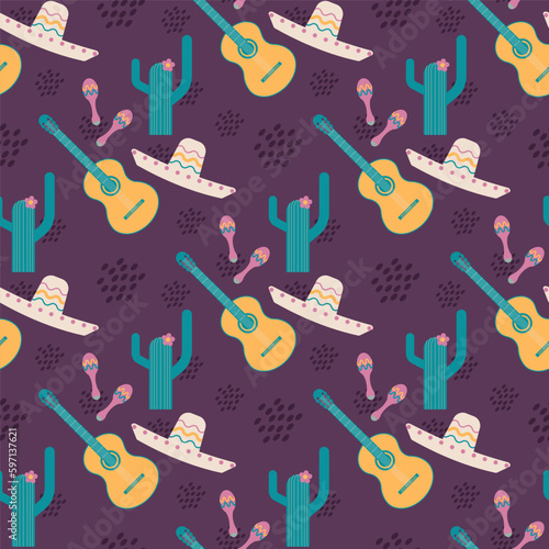 Vector seamless Viva Maxica pattern. Mexican cultural background with sombrero, cactus, guitar and maracas.
