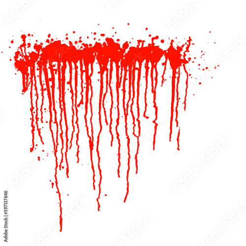 Red paint drip isolated on white background. Scarlet blood, wine or sauce splash on wall. Watercolor spatter texture. Abstract vector illustration. Runny liquid ink. Horror grunge pattern