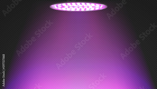 Led red and blue spectrum round phytolamp for indoor plant growing. Pink uv light. Modern agro equipment for illumination in commercial greenhouse or home gardening