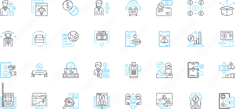 Financial technology linear icons set. Cryptocurrency, Blockchain, Bitcoin, Fintech, Digital, Mobile, Payment line vector and concept signs. Investment,Peer-to-Peer,Trading outline illustrations