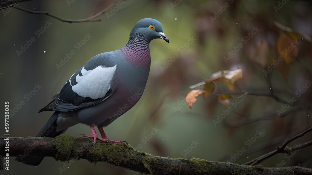 Fototapeta premium pigeon in the forest, park at autumn. Generative AI image.