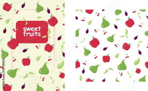 Poster und seamless pattern mit Obst - süße Früchte, Äpfel, Birnen, Kirschen und Zwetschken photo