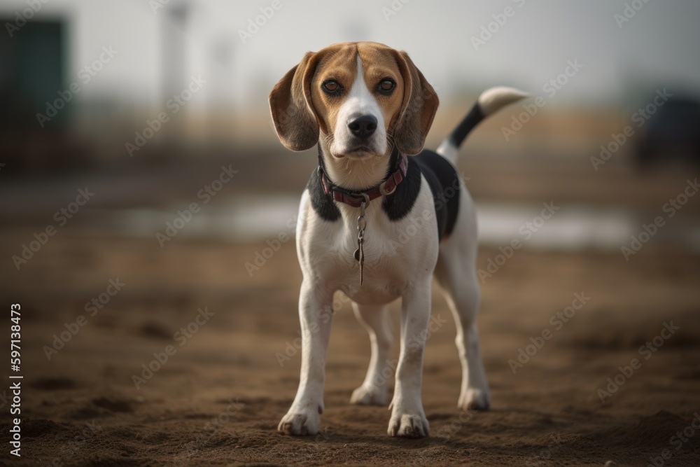 Full-length portrait photography of a happy beagle standing on hind legs against race tracks background. With generative AI technology