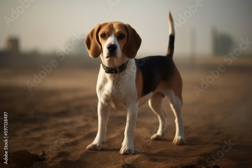 Full-length portrait photography of a happy beagle standing on hind legs against race tracks background. With generative AI technology © Markus Schröder