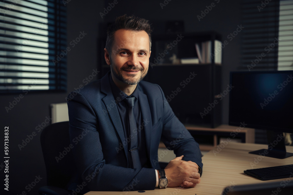 Modern Office Businessman or Manager Working on Computer. Generative AI Modern Office Businessman or Manager Working on Computer. Generative AI