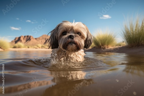 Full-length portrait photography of a happy shih tzu swimming in a lake against sand dunes background. With generative AI technology © Markus Schröder