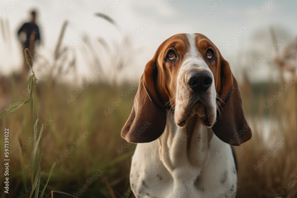 Medium shot portrait photography of a curious basset hound posing with a family against wetlands and marshes background. With generative AI technology