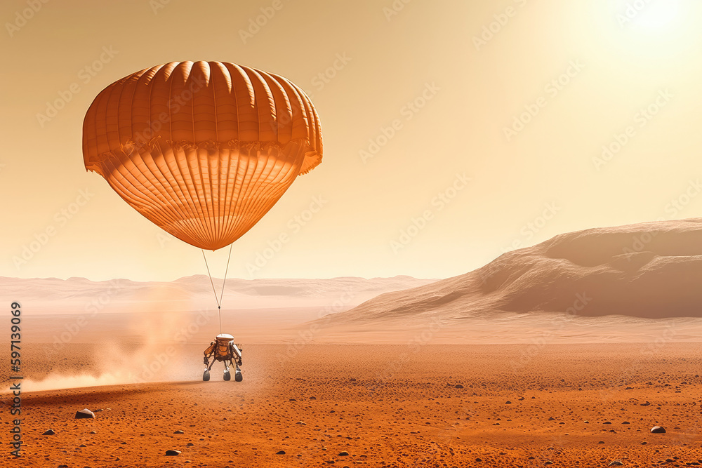First landing on Mars. Astronauts on a first one way mission to Mars. Capsule landing to surface with parachute. Generative AI. - obrazy, fototapety, plakaty 
