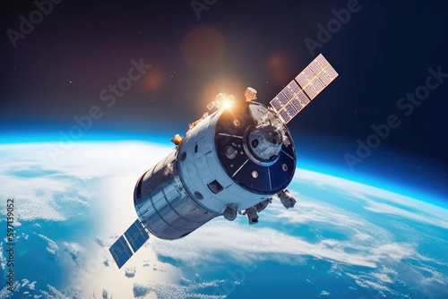 Space satellite with antenna and solar panels in space against the background of the earth. High-speed Internet, space exploration. Generative AI.