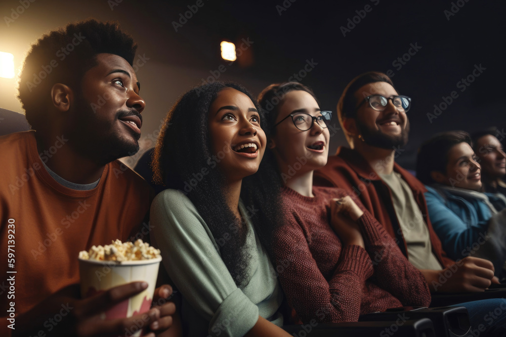 Fototapeta premium Diverse friends in movie theater. Generative AI