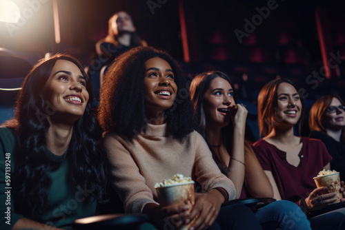 A group of happy diverse friends laughing while watching movie together, sitting in cinema auditorium. Generative AI