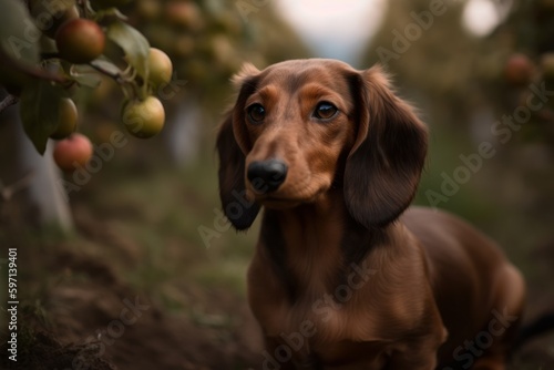 Medium shot portrait photography of a happy dachshund sitting against apple orchards background. With generative AI technology