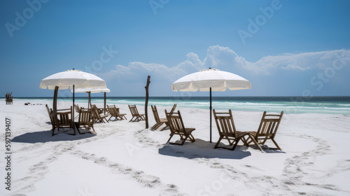 White sand beach, chairs and umbrella overlooking blue seascape. Beautiful beach banner. Generative AI