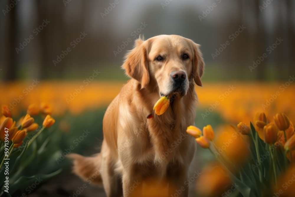Studio portrait photography of a curious golden retriever playing with a feather toy against tulip fields background. With generative AI technology