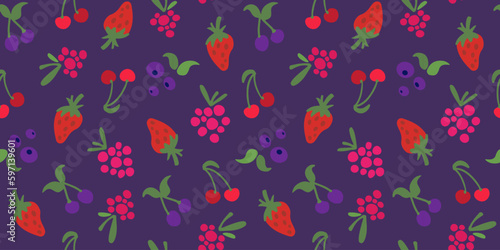 Hand drawn seamless pattern with berries. Doodle style strawberry, raspberry, blueberry, cherry. Cute and modern vector background