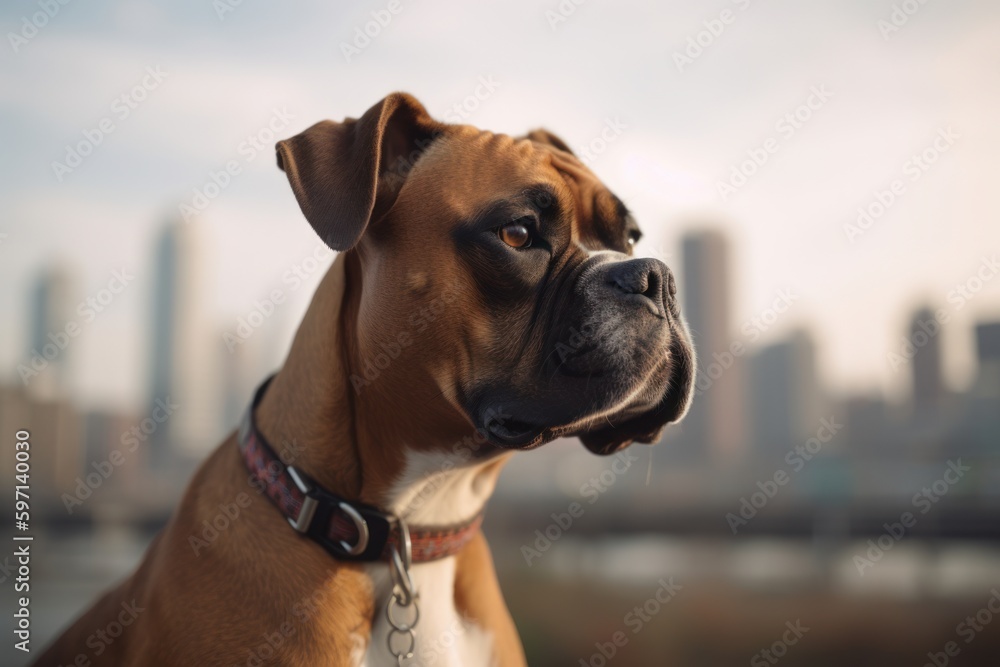 Medium shot portrait photography of a happy boxer dog being in front of a city skyline against city skylines background. With generative AI technology