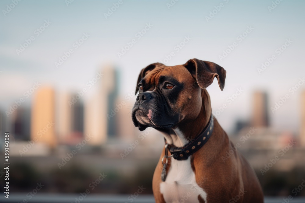 Medium shot portrait photography of a happy boxer dog being in front of a city skyline against city skylines background. With generative AI technology