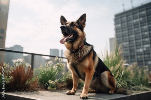 Medium shot portrait photography of a happy german shepherd shaking his paws against urban rooftop gardens background. With generative AI technology