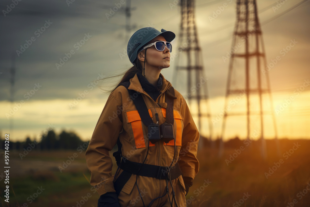 Portrait of an female electrical engineer in helmet. Generative AI Portrait of an female electrical engineer in helmet. Generative AI