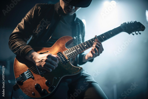 Man playing electric guitar on the stage at the rock concert. Generative AI