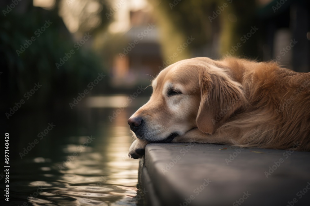 Lifestyle portrait photography of a curious golden retriever sleeping against canals and waterways background. With generative AI technology