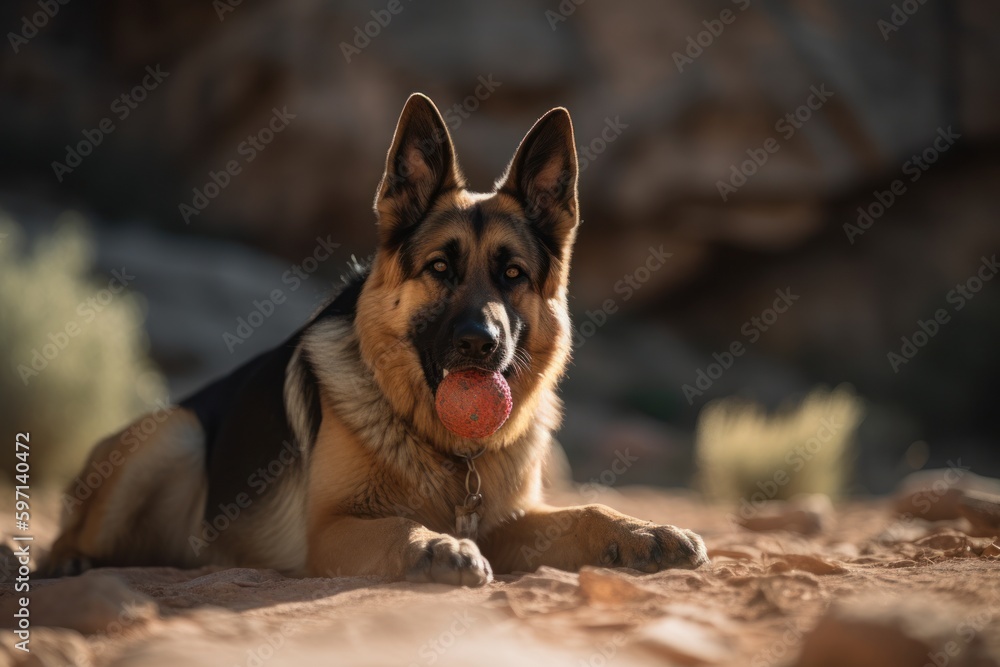 Medium shot portrait photography of a happy german shepherd having a toy in its mouth against rock formations background. With generative AI technology Medium shot portrait photography of a happy german shepherd having a toy in its mouth against rock formations background. With generative AI technology