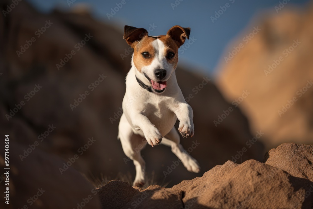 Medium shot portrait photography of an aggressive jack russell terrier jumping against rock formations background. With generative AI technology Medium shot portrait photography of an aggressive jack russell terrier jumping against rock formations background. With generative AI technology