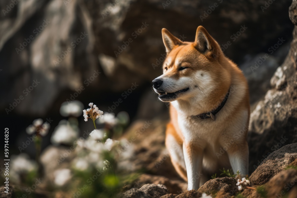 Full-length portrait photography of a happy akita inu having a flower in its mouth against rock formations background. With generative AI technology