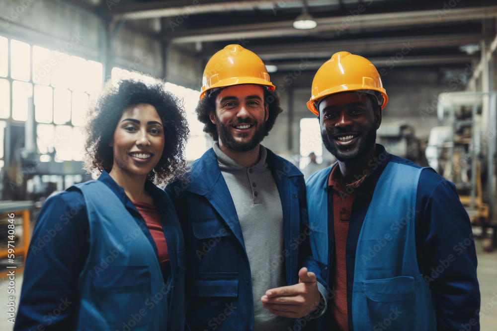 Group of diverse people, Factory worker teamwork. Generative AI Group of diverse people, Factory worker teamwork. Generative AI