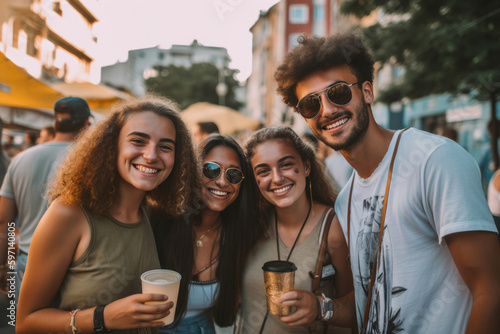 Group people smiling on the street with coffeem summer, sunset. Generative AI