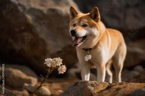 Full-length portrait photography of a happy akita inu having a flower in its mouth against rock formations background. With generative AI technology