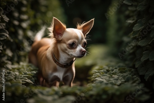 Lifestyle portrait photography of a curious chihuahua playing fetch against outdoor mazes background. With generative AI technology
