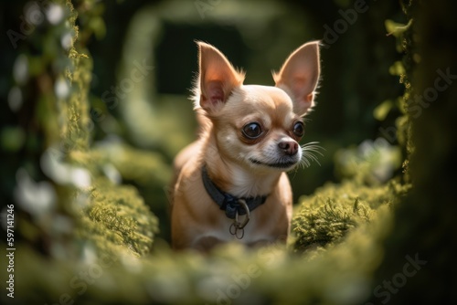 Lifestyle portrait photography of a curious chihuahua playing fetch against outdoor mazes background. With generative AI technology