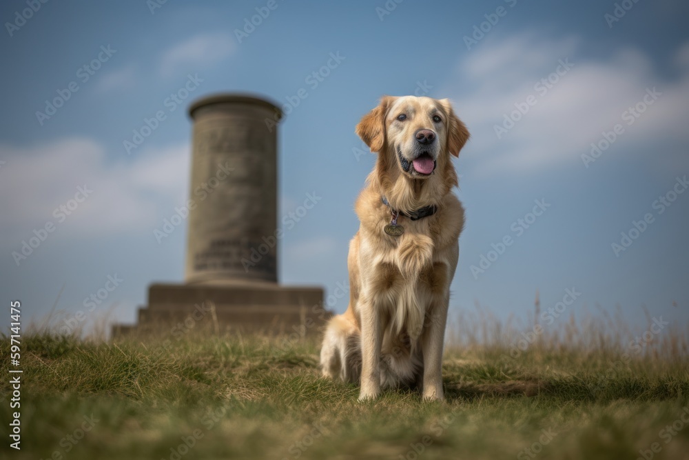 Environmental portrait photography of a happy golden retriever standing on hind legs against historic battlefields background. With generative AI technology Environmental portrait photography of a happy golden retriever standing on hind legs against historic battlefields background. With generative AI technology