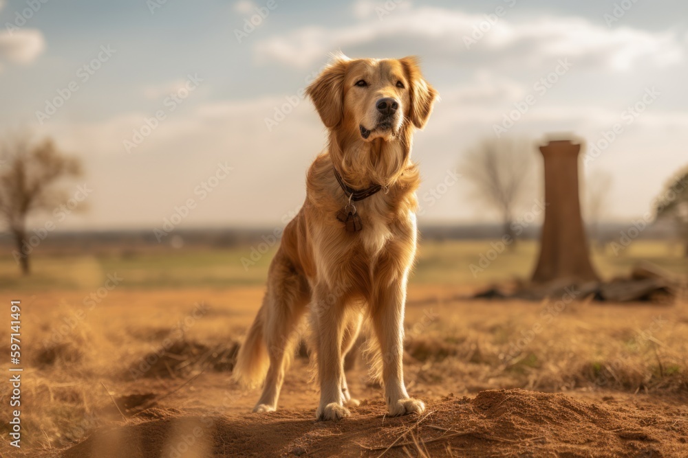Environmental portrait photography of a happy golden retriever standing on hind legs against historic battlefields background. With generative AI technology Environmental portrait photography of a happy golden retriever standing on hind legs against historic battlefields background. With generative AI technology