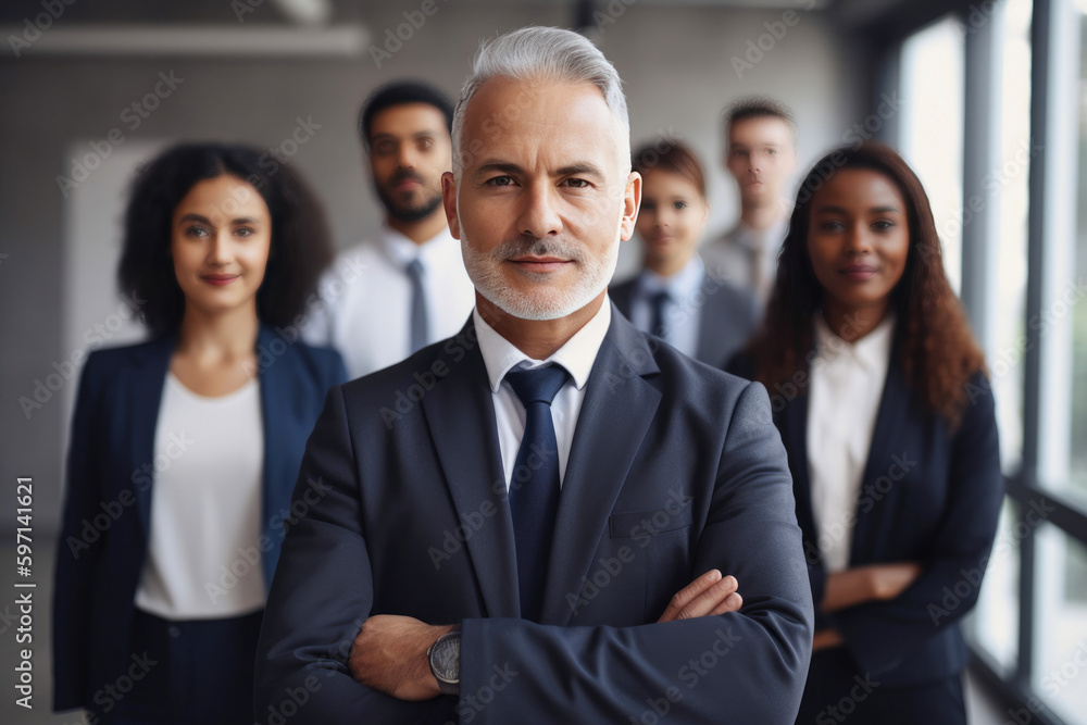 Portrait of happy diverse professional team in loft office space. Generative AI Portrait of happy diverse professional team in loft office space. Generative AI
