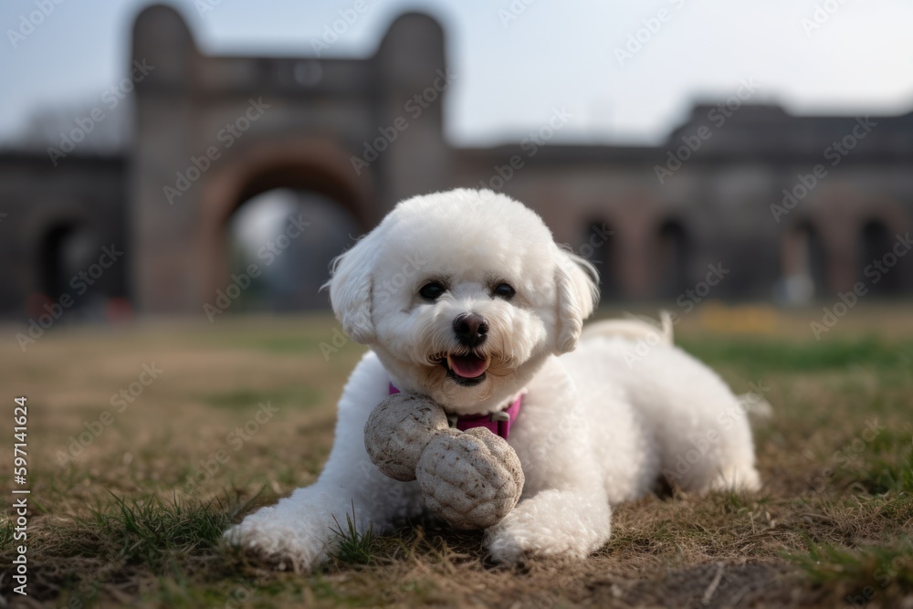 Environmental portrait photography of a happy bichon frise having a toy in its mouth against historic battlefields background. With generative AI technology