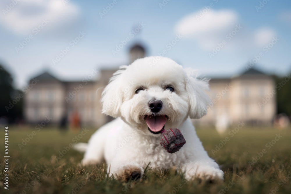 Environmental portrait photography of a happy bichon frise having a toy in its mouth against historic battlefields background. With generative AI technology Environmental portrait photography of a happy bichon frise having a toy in its mouth against historic battlefields background. With generative AI technology