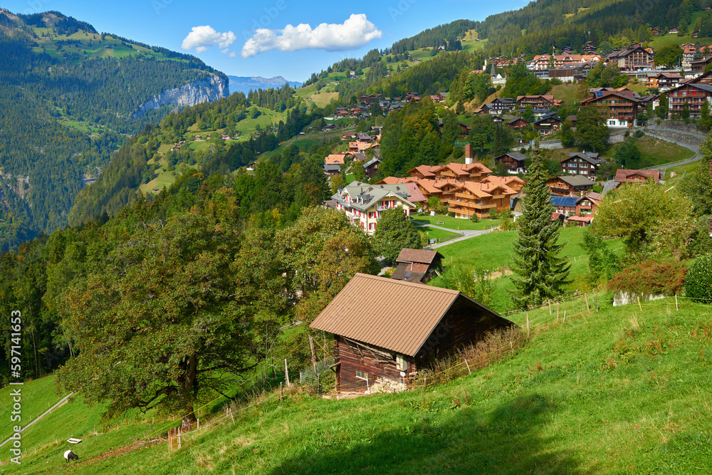 View of Wengen mountain village in Switzerland.