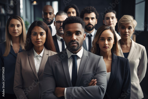 Portrait of happy successful multiracial business team. Generative AI