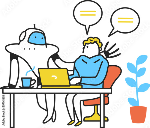 AIロボットと会話する若い男性　イラスト素材
