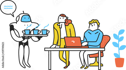 デスクワークをする男女をコーヒーブレイクにさそう人型ロボット　イラスト素材
