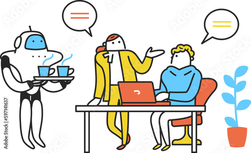 話し合う男女にコーヒーを差し入れる人型ロボット　イラスト素材
