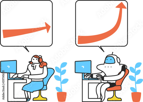 オペレート作業で圧巻成績を上げる人型ロボット　イラスト素材
