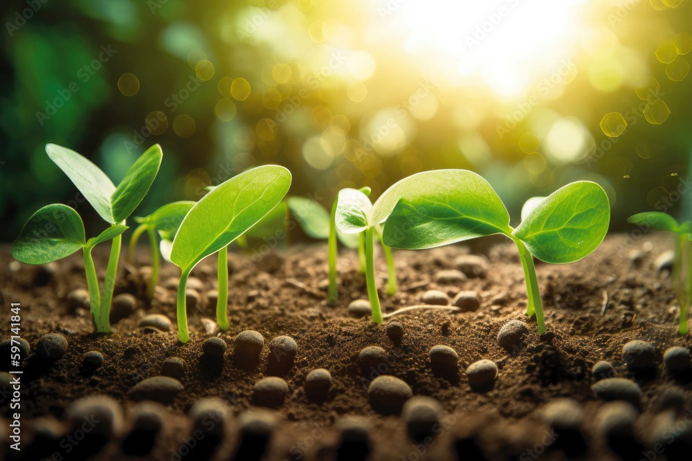 Young plants in the morning light. Generative AI Young plants in the morning light. Generative AI