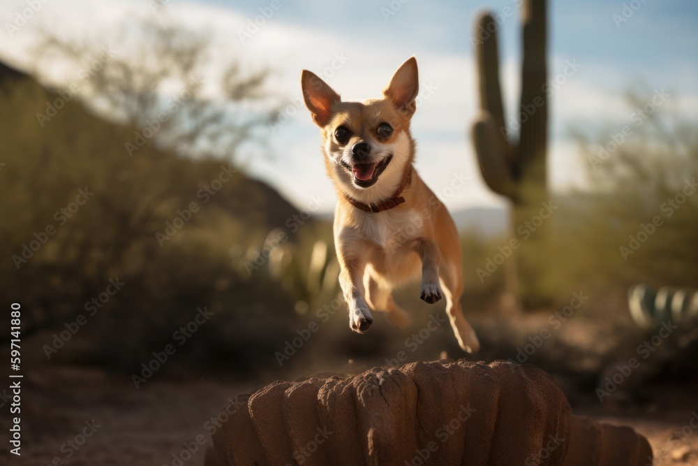 Lifestyle portrait photography of a happy chihuahua jumping over an obstacle against natural arches and bridges background. With generative AI technology