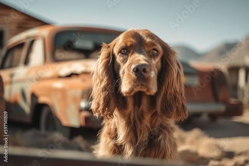 Group portrait photography of an aggressive cocker spaniel sticking head out of a car window against ghost towns background. With generative AI technology