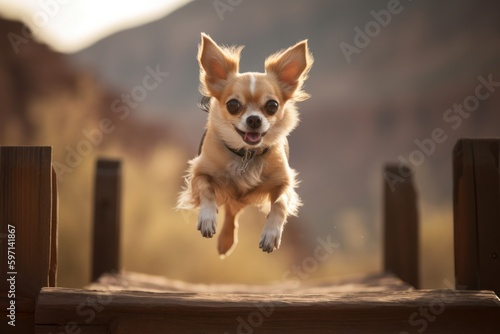 Lifestyle portrait photography of a happy chihuahua jumping over an obstacle against natural arches and bridges background. With generative AI technology