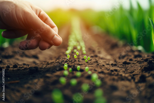 Farmer's Hand Planting Seeds In Soil In Rows. Generative AI photo